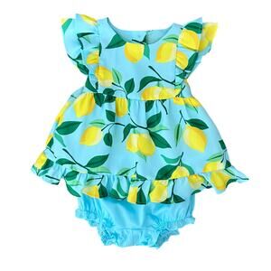 Janie and Jack Set Baby 3-6M Blue Lemon Print Ruffle Sleeve Top Bloomer Summer